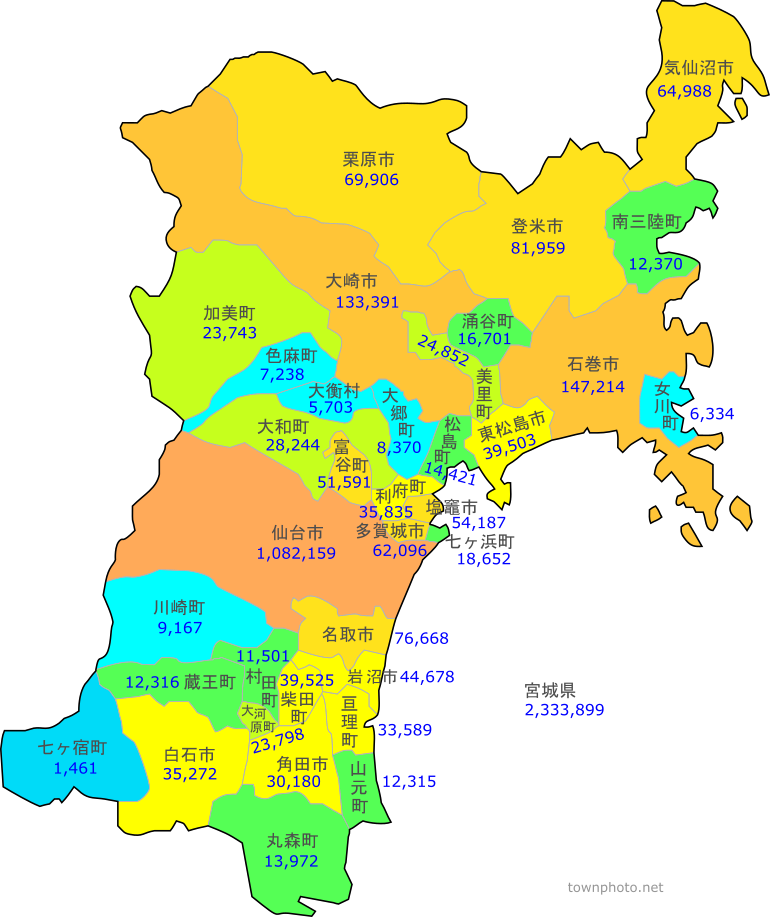 宮城県の市町村人口マップと人口順 密度順 面積順の表