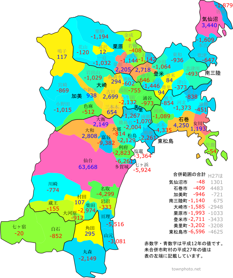 宮城県の市町村毎 通勤流入 流出 昼夜比率 の地図と表